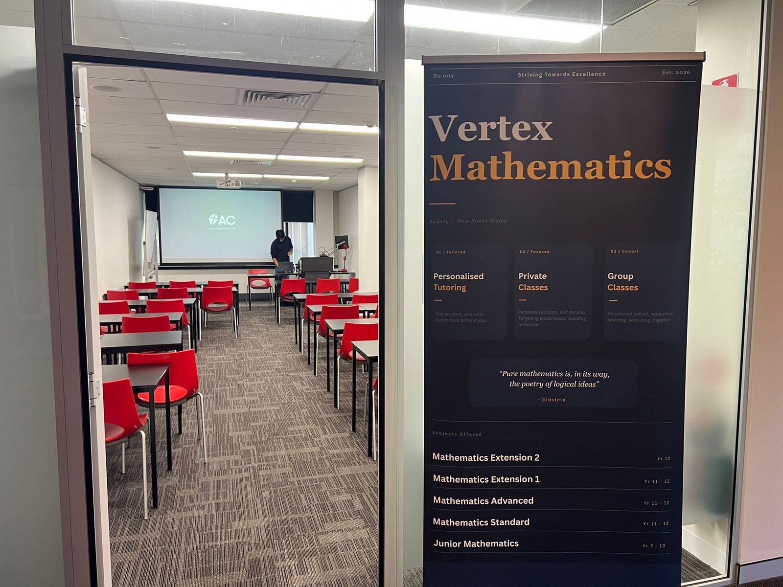 Vertex Mathematics banner at the entrance to the Parramatta classroom